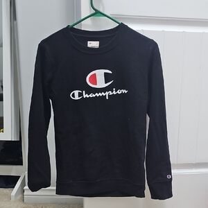 Champion Black Crewneck with Red and White Logo Kids 14/16 Womans Small